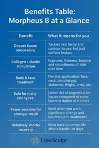 How Often Can I have Morpheus 8? 3 Table showing the benefits of Morpheus 8 treatment from Lipo Sculpt Bridgend